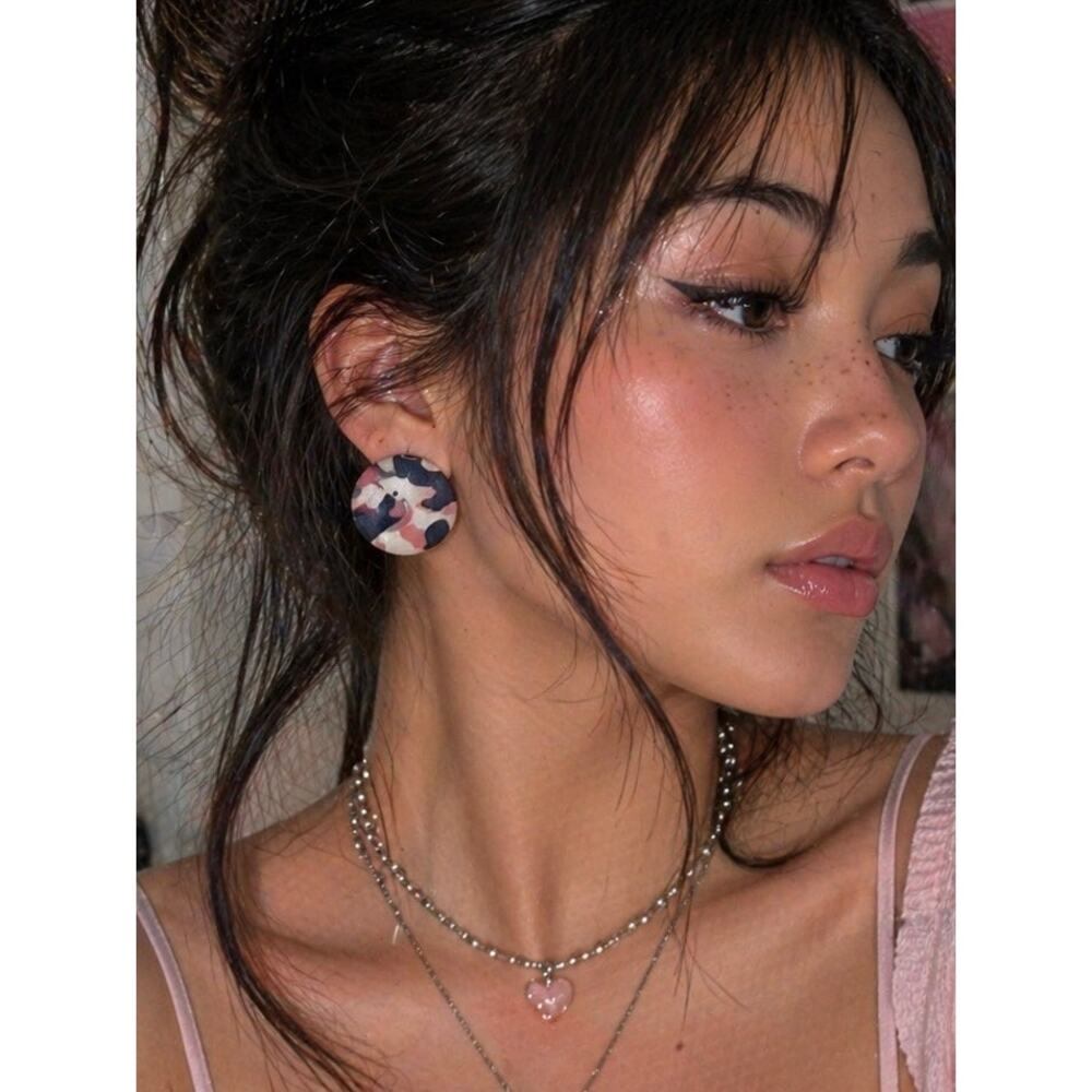 Pink Camo Clip On Earrings Y2K Soft Grunge Coquette 1” Button